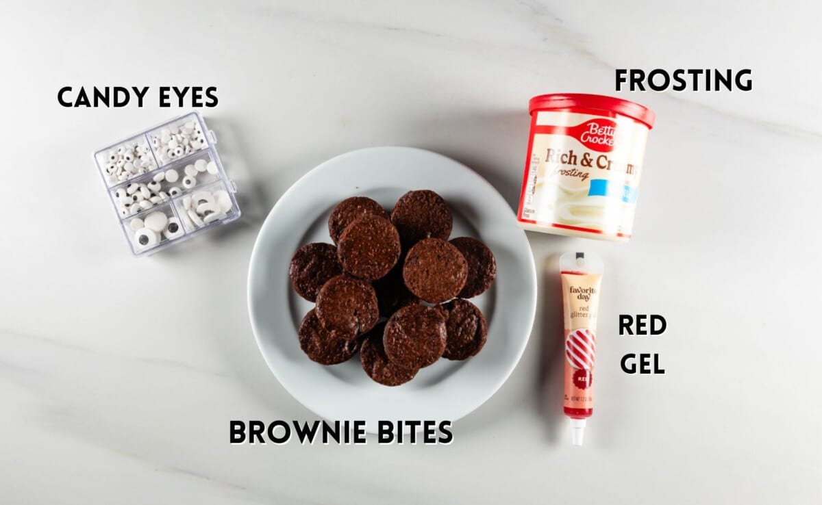 ingredients in eyeball brownie bites laid out on a white counter.