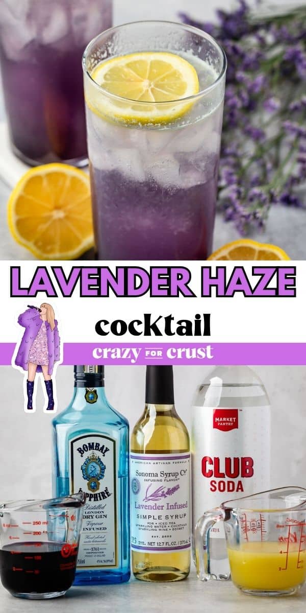 lavender haze pinterest pin with photo of cocktail in glass and ingredients.