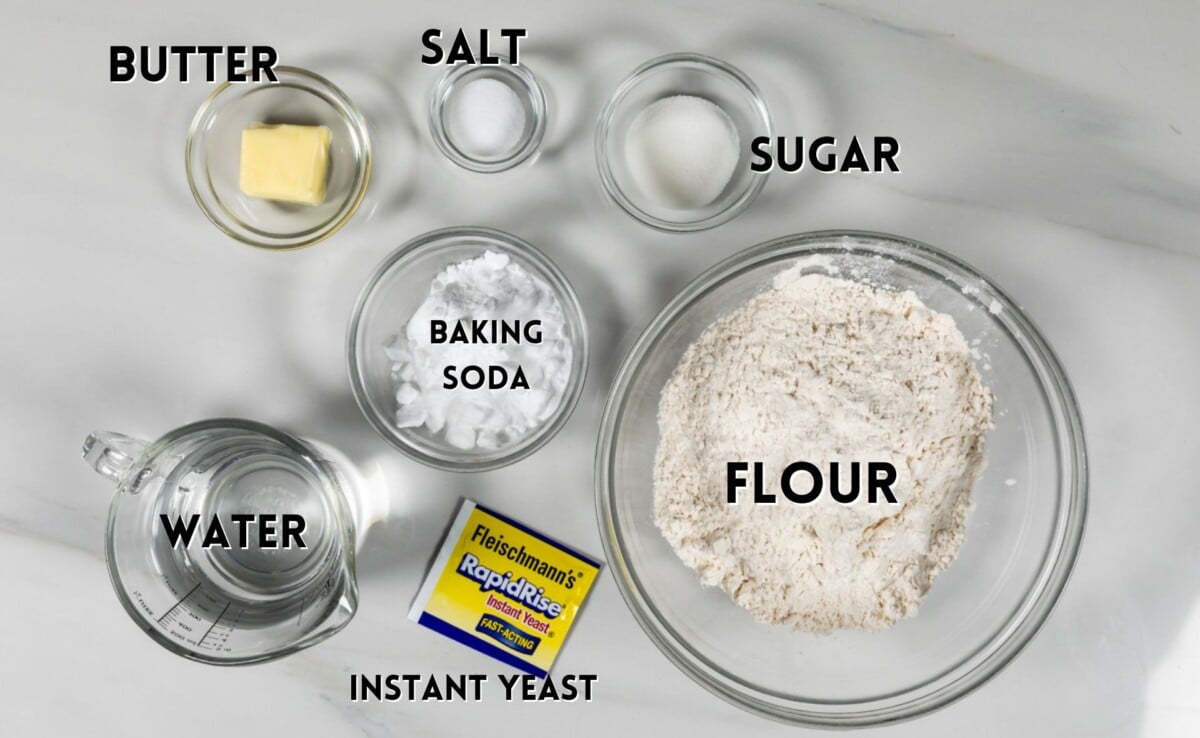 ingredients in pretzel bites laid out on a white counter.