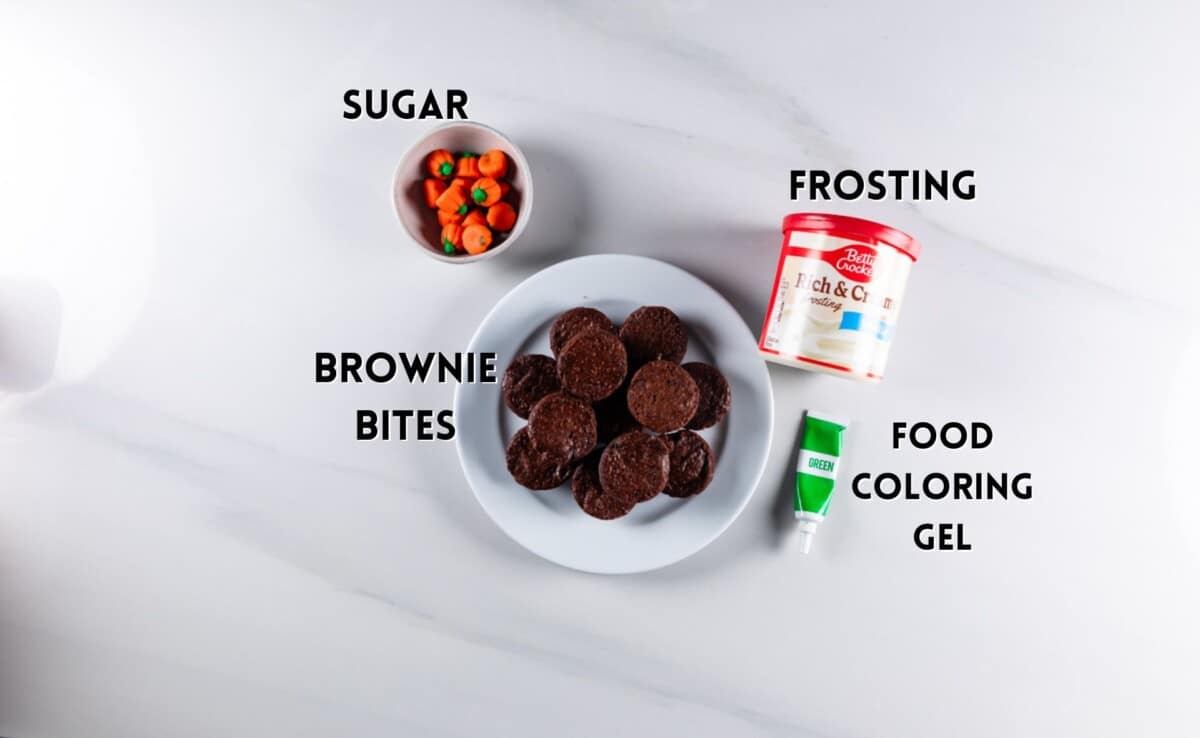 ingredients in pumpkin patch brownie bites laid out on a white counter.