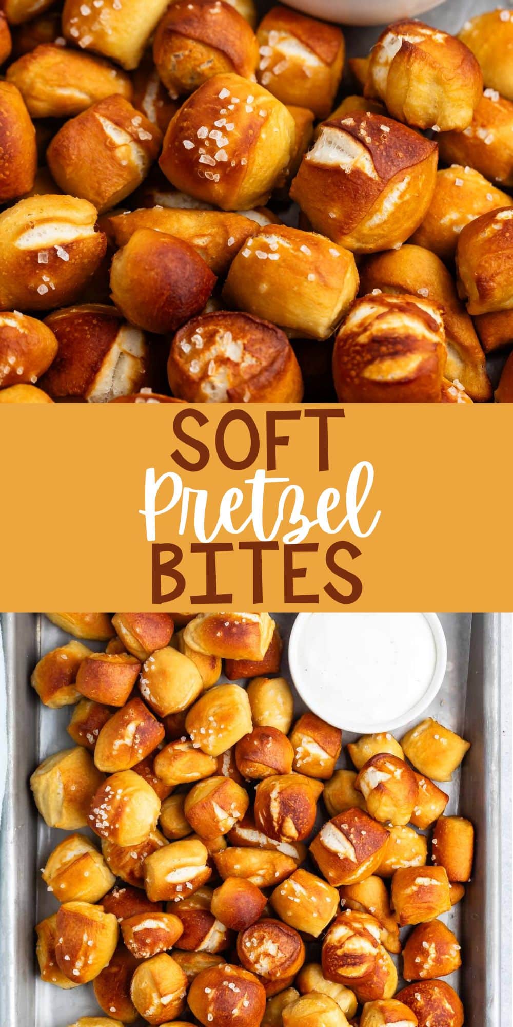 two photos of soft pretzel bites piled on top of each other with thick salt on top with words on the image.