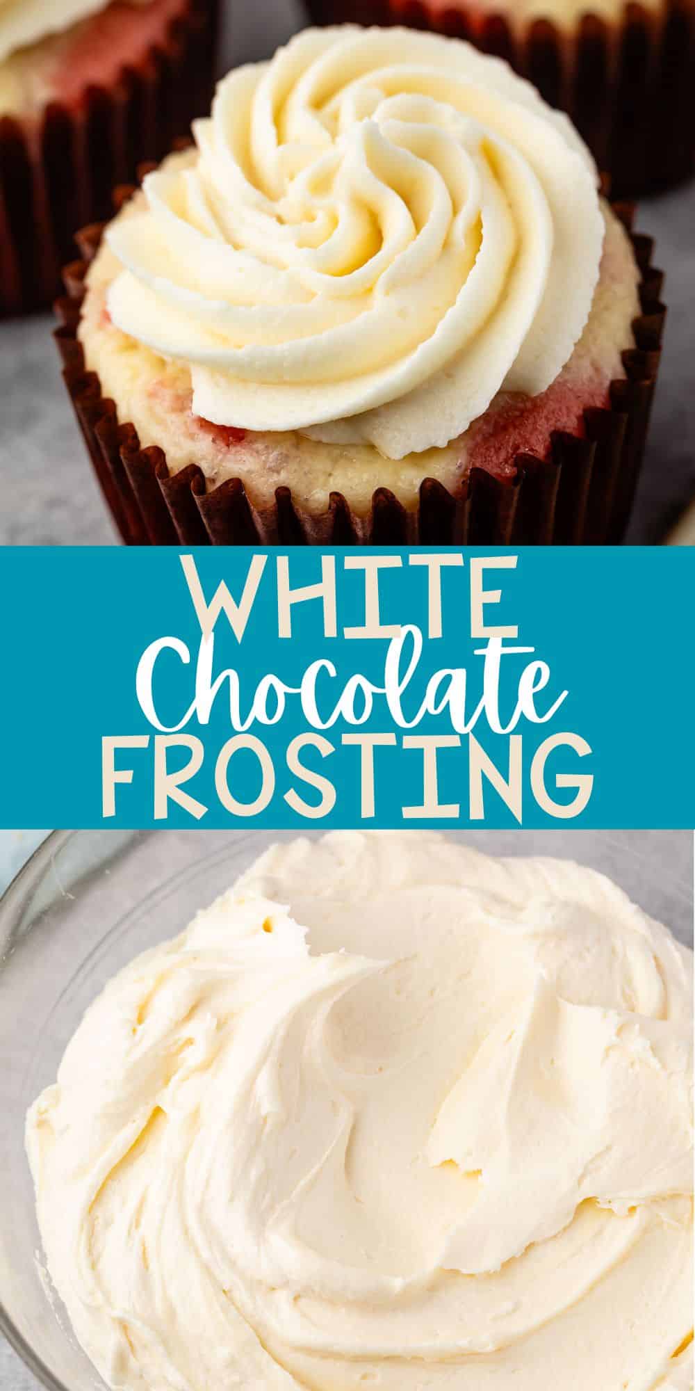 two photos of white frosting piped on top of a cupcake with words on the image.