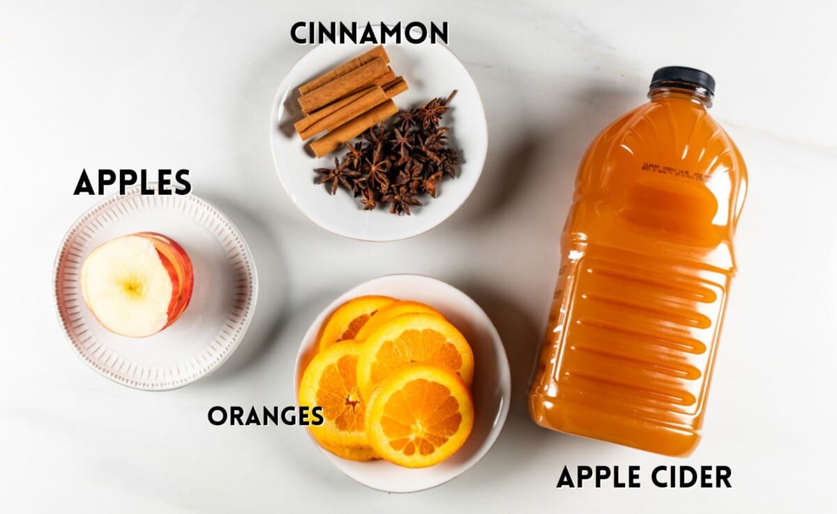 ingredients in apple cider laid out on a marble counter.