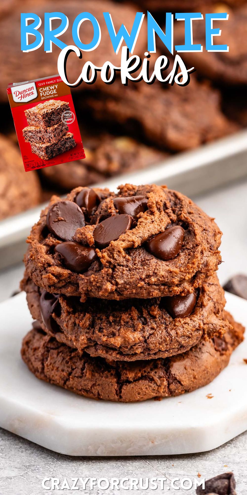 stacked brownie cookies laid on a white counter with words on the image.