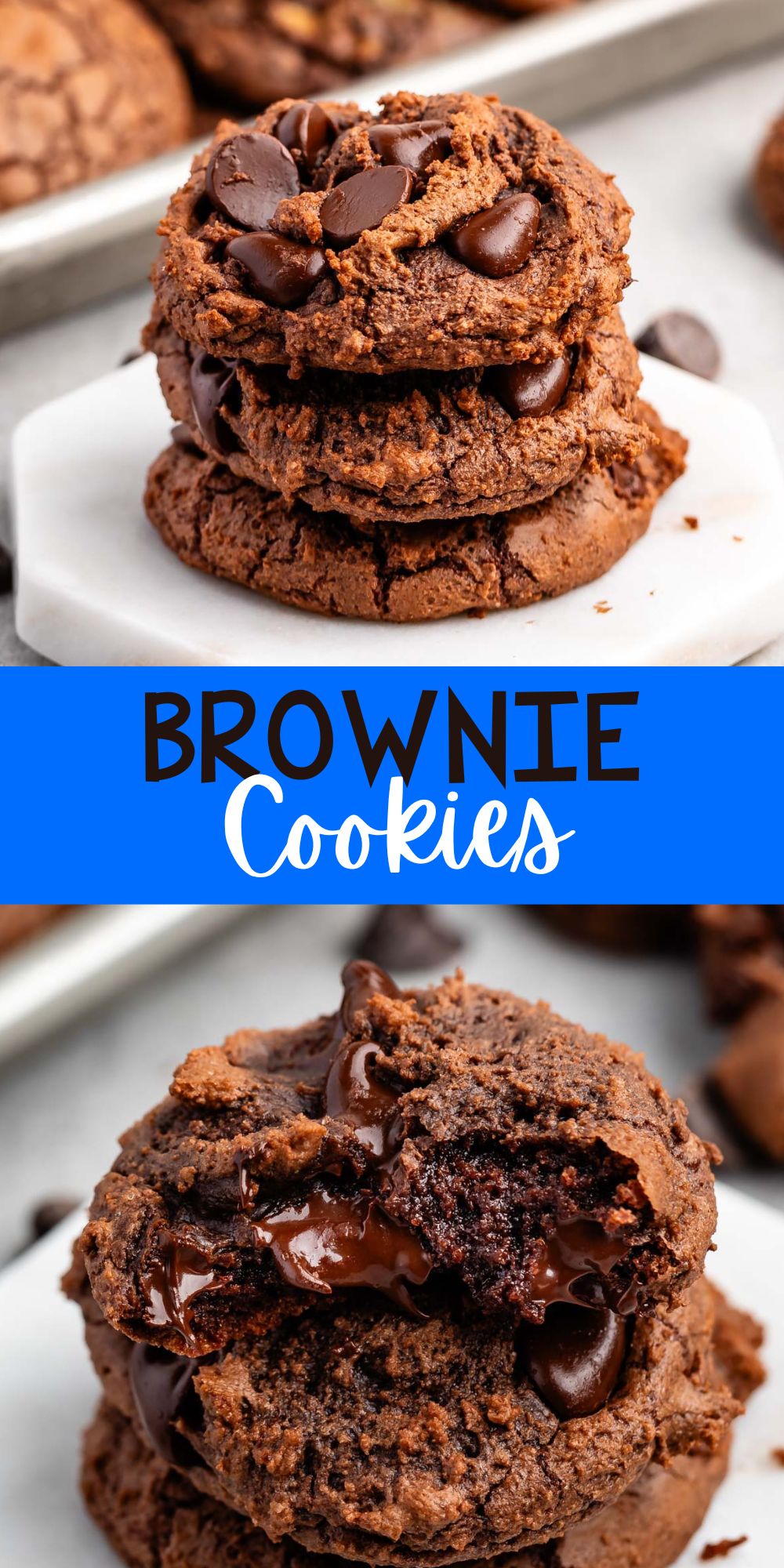 two photos of stacked brownie cookies laid on a white counter with words on the image.