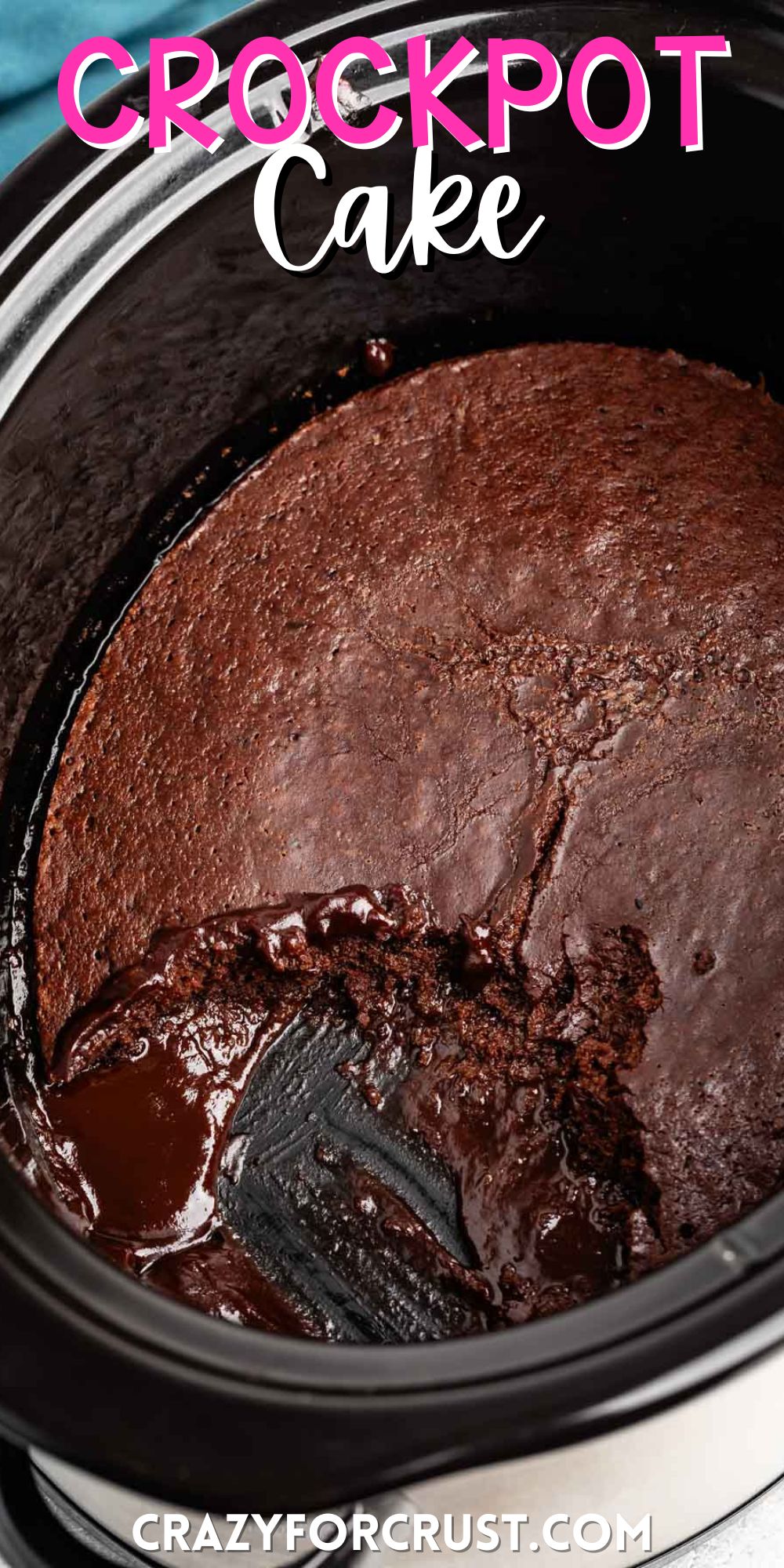 chocolate cake in a crockpot with words on the image.