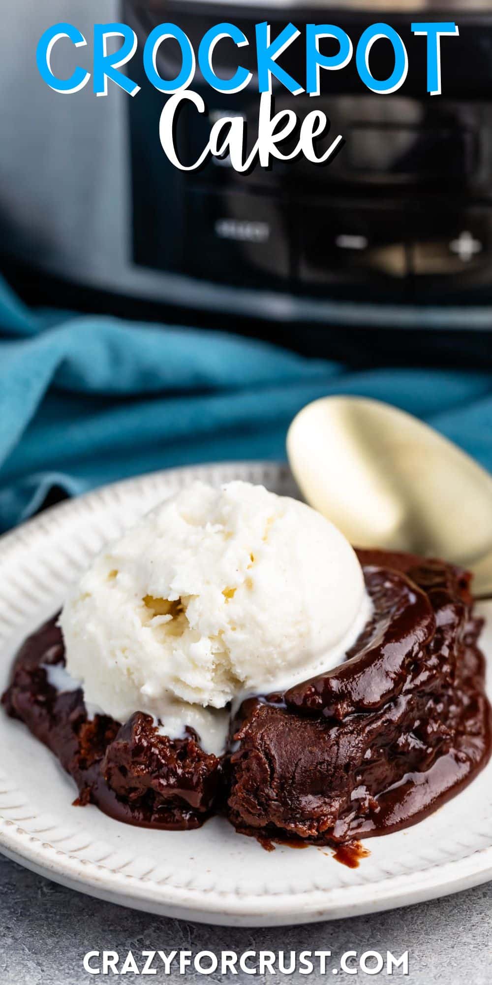 chocolate cake on a white plate with white ice cream on top with words on the image.