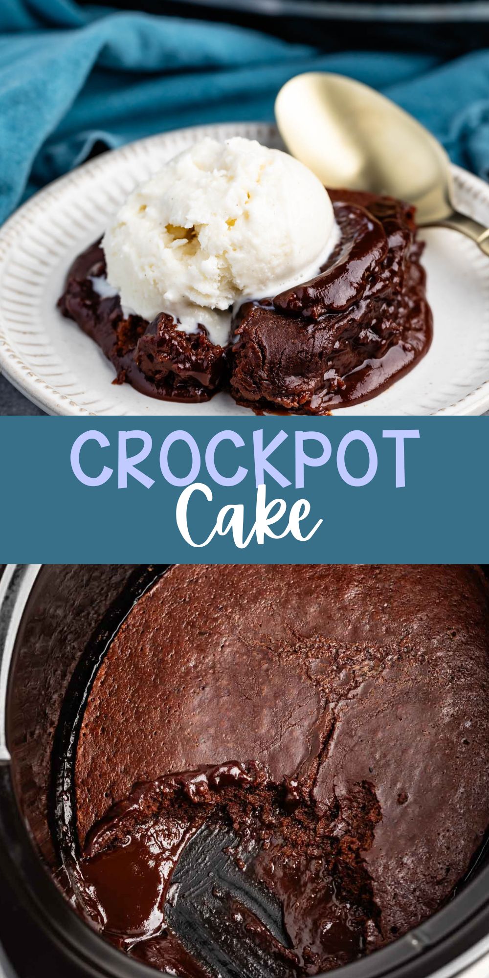 two photos of chocolate cake on a white plate and in a crockpot with words on the image.