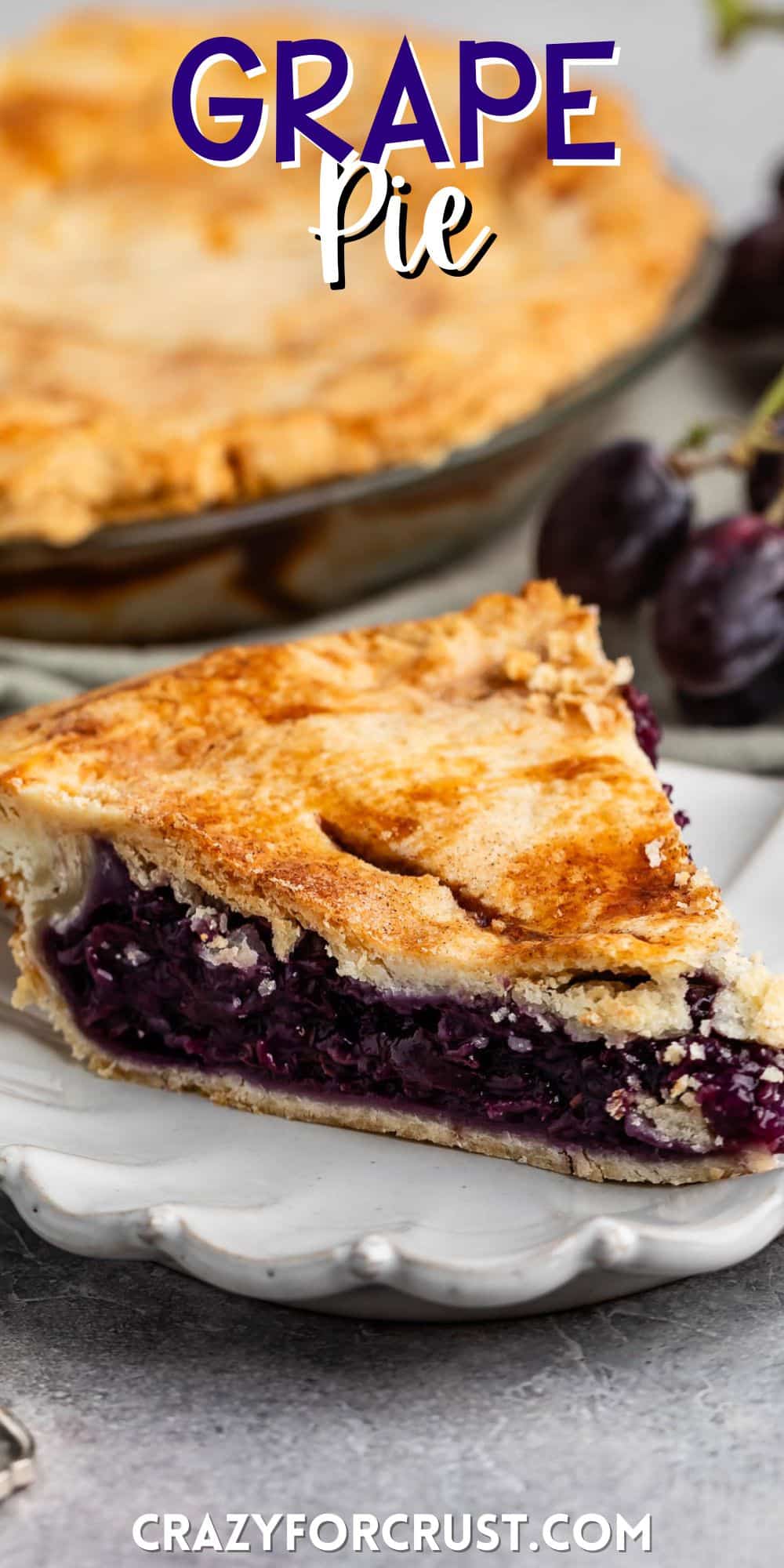 one slice of grape pie with purple grape filling with words on the image.