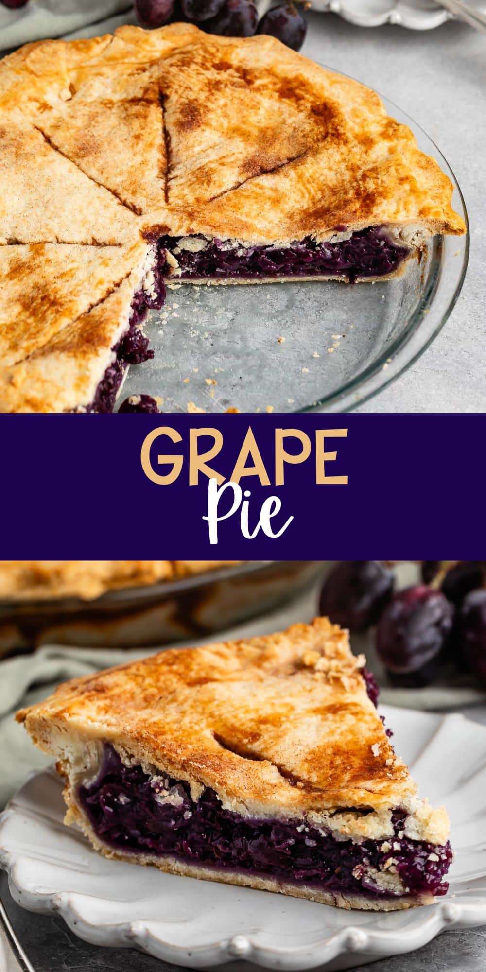 two photos of grape pie with purple grape filling in a clear pie pan with words on the image.