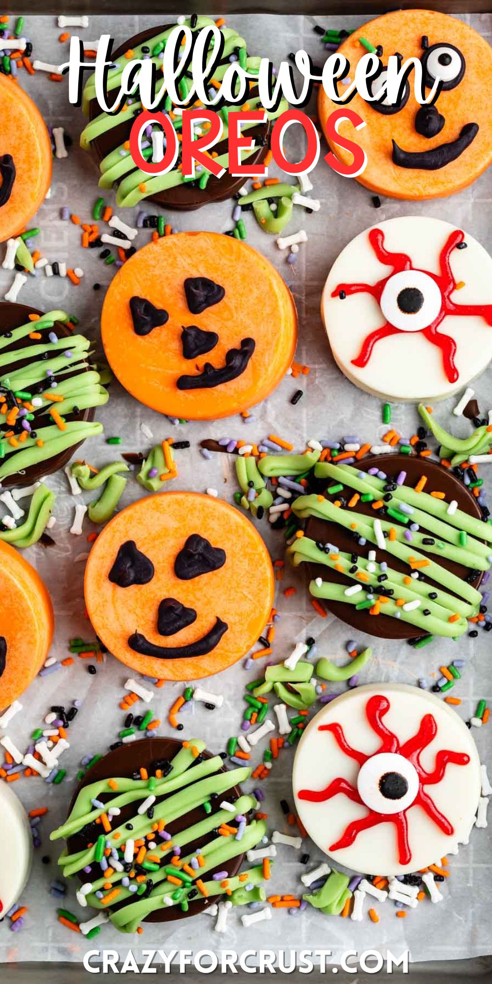 Oreos covered in different colored chocolate forming pumpkins and eyes for halloween with words on the image.