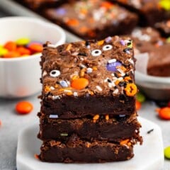 stacked brownies with halloween candy baked in.