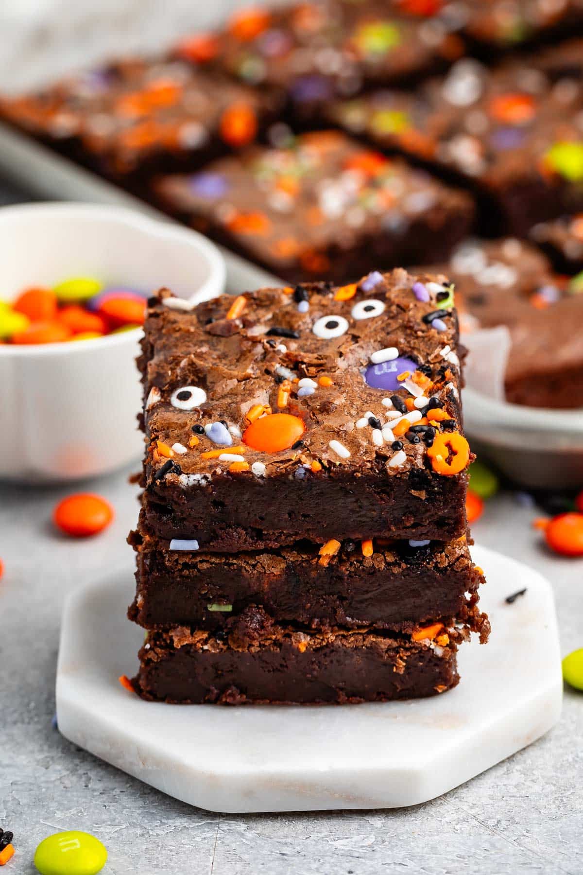 stacked brownies with halloween candy baked in.