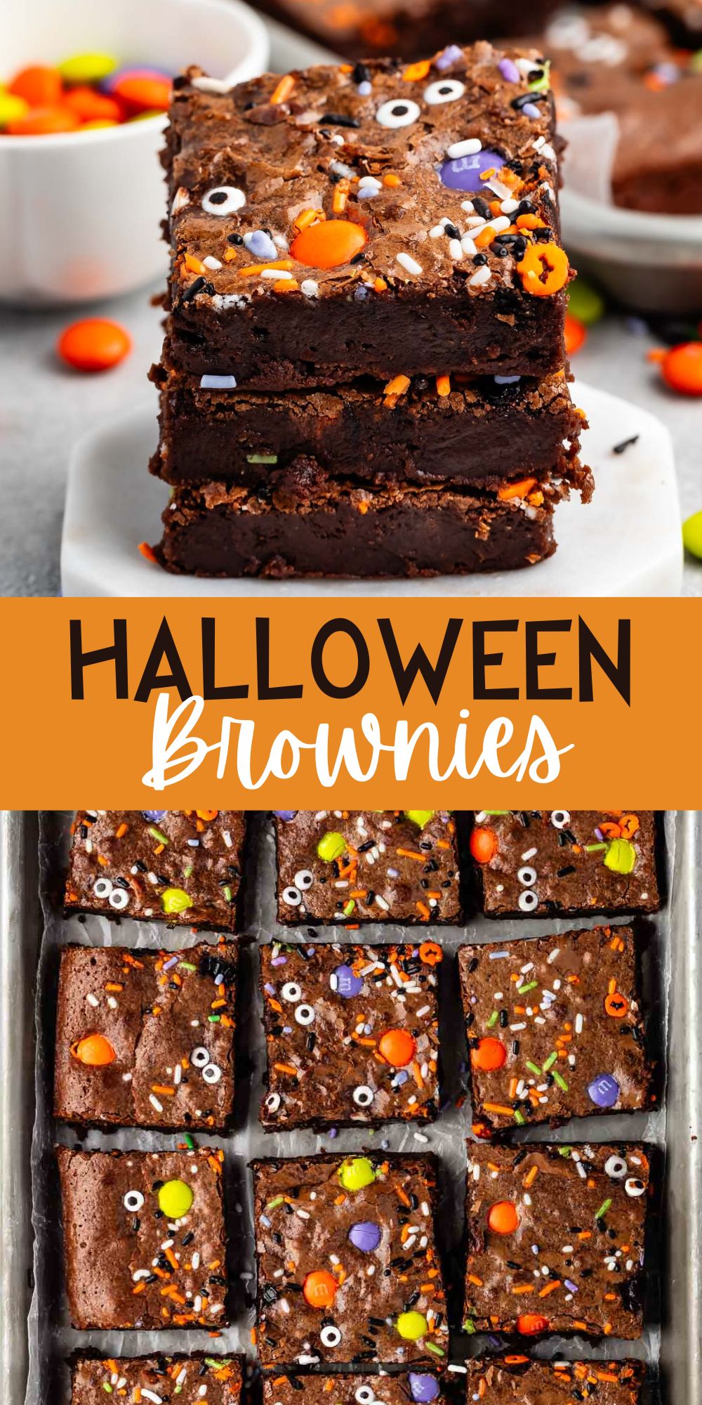 two photos of stacked brownies with halloween candy baked in with words on the image.