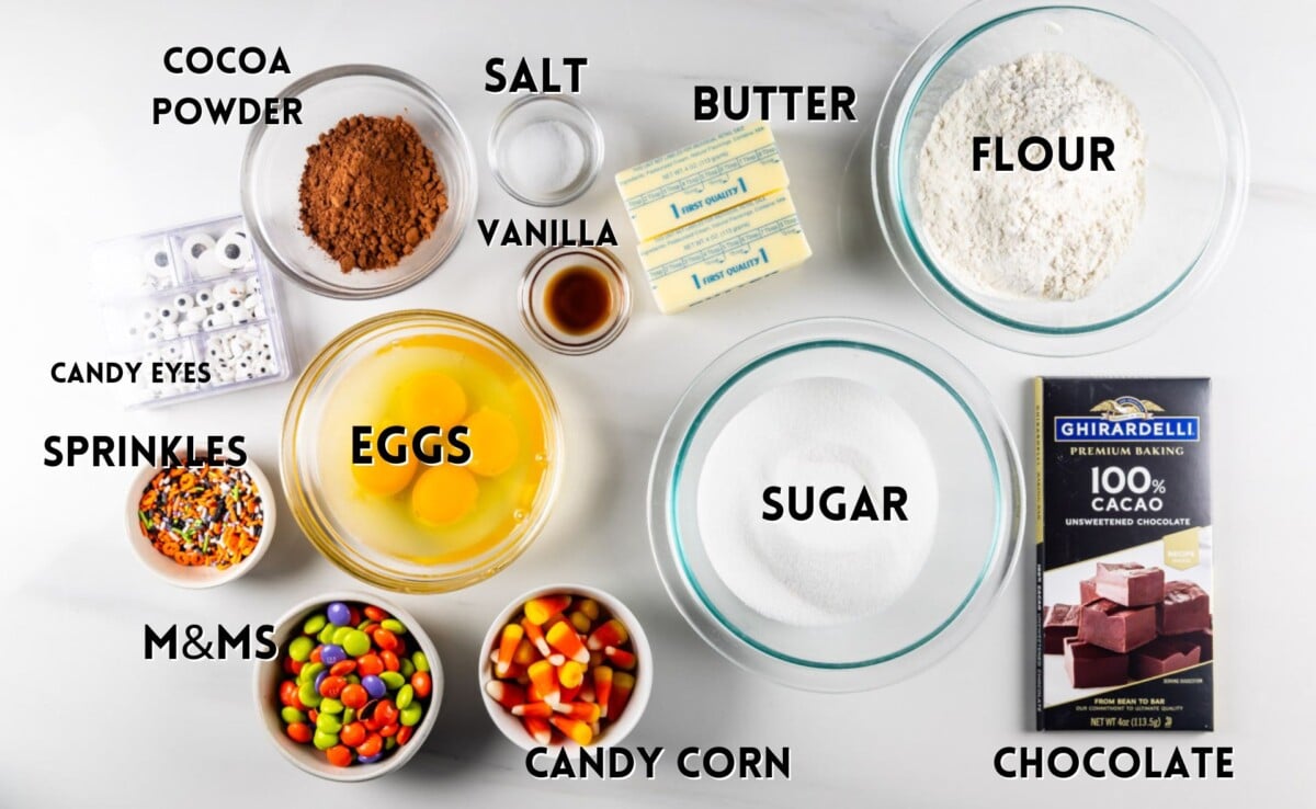 ingredients in halloween brownies laid out on a white counter.