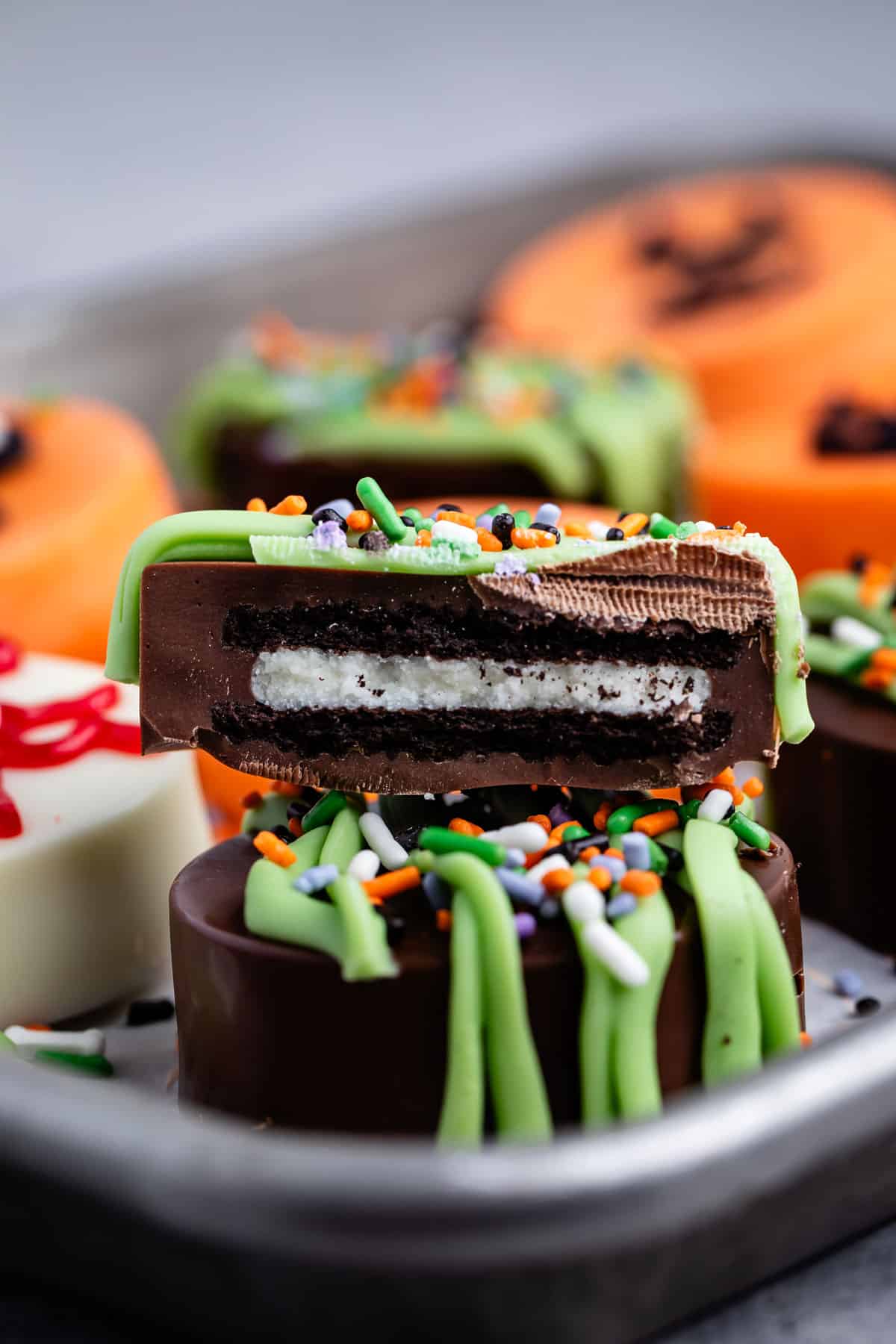 chocolate covered Oreos cut in half.