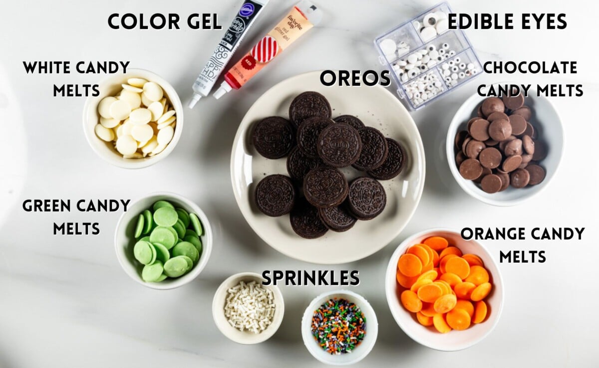 ingredients in halloween Oreos laid out on a white counter.