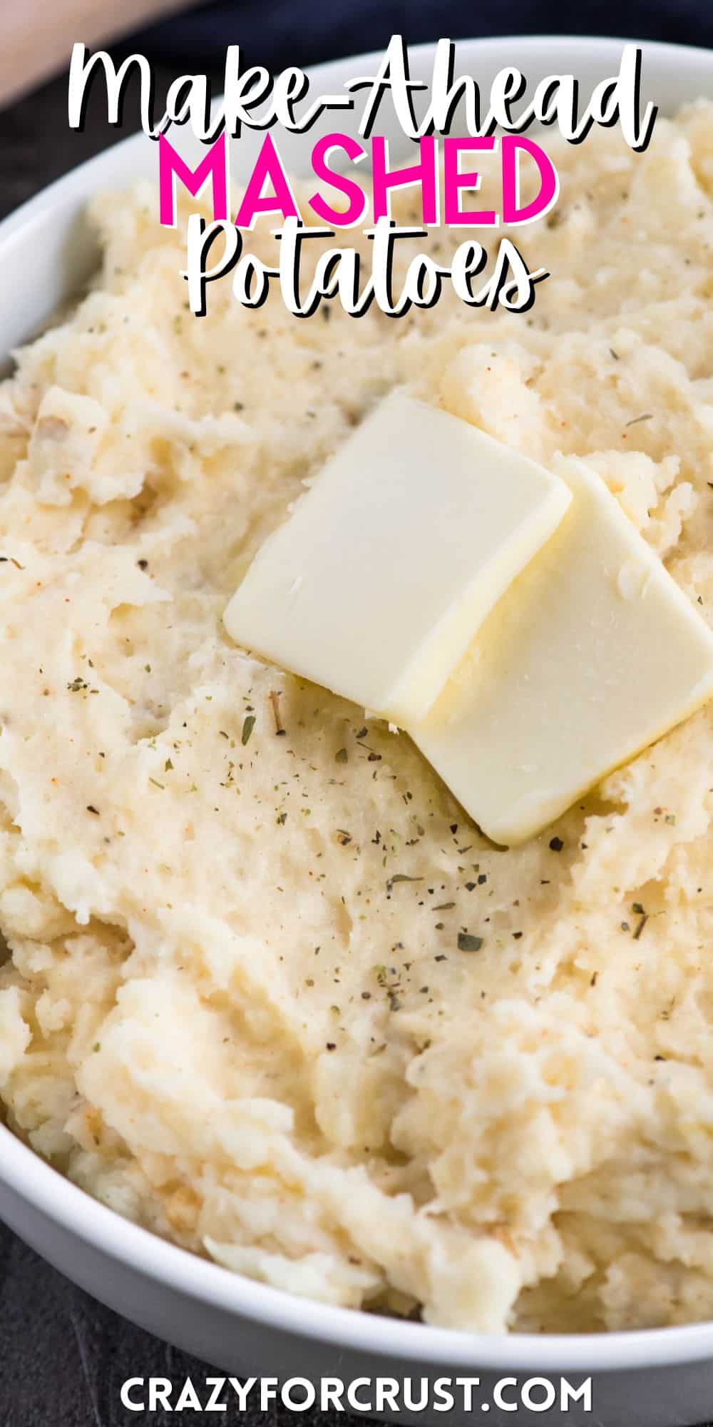 mashed potatoes in a white bowl with words on the image.