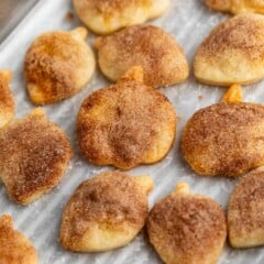 pie crust cookies covered in cinnamon on a silver baking pan.