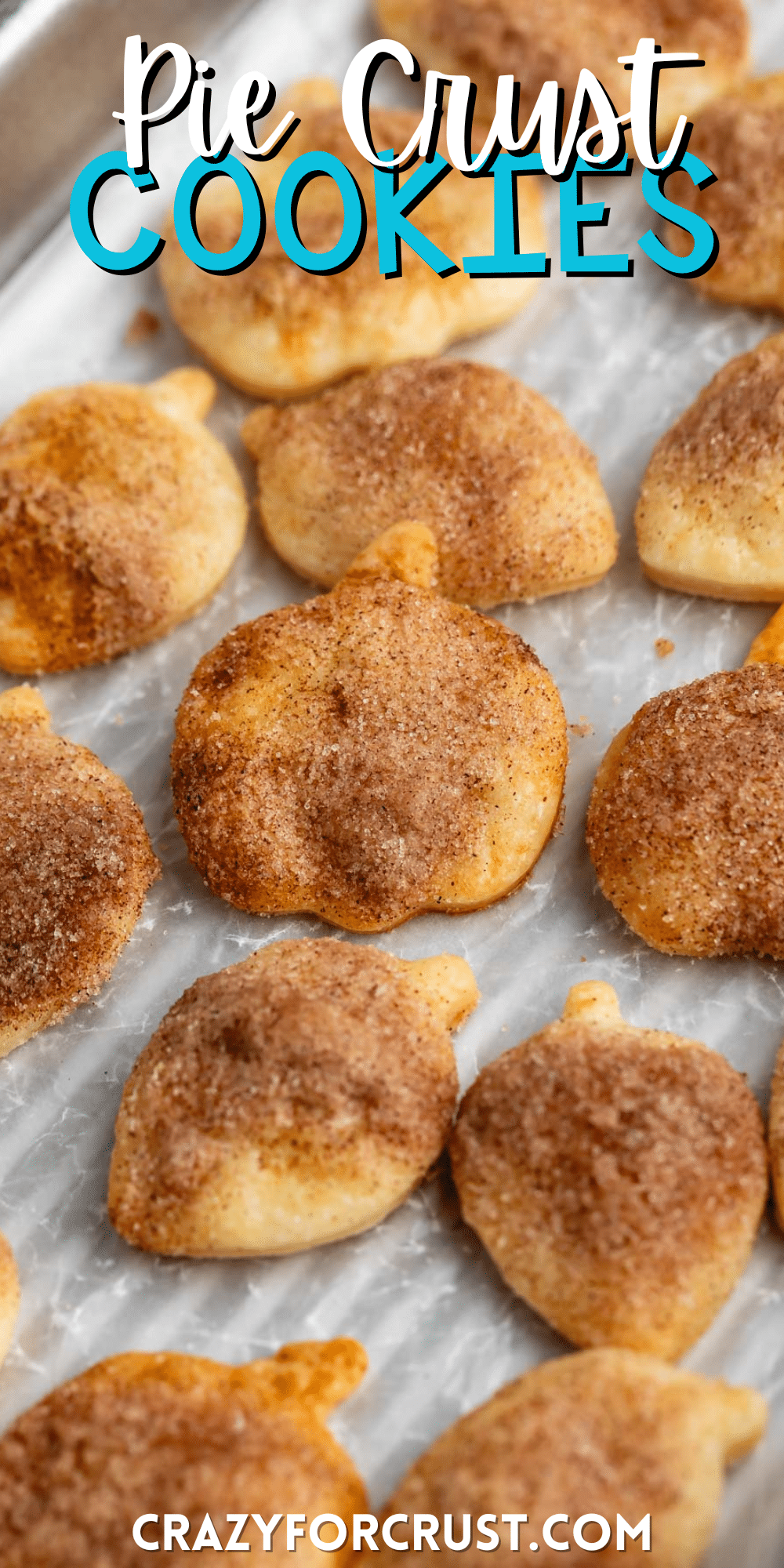 pie crust cookies covered in cinnamon on a silver baking pan with words on the image.