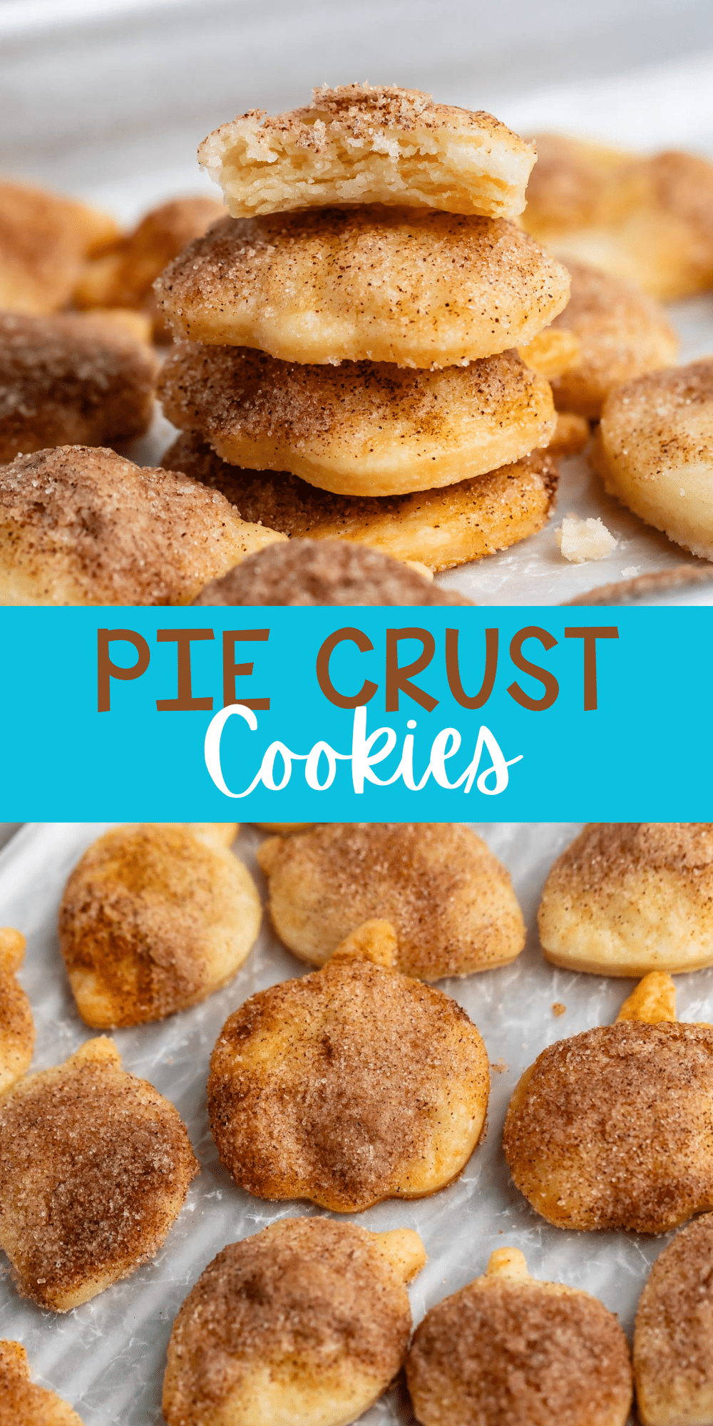 two photos of pie crust cookies covered in cinnamon on a silver baking pan with words on the image.