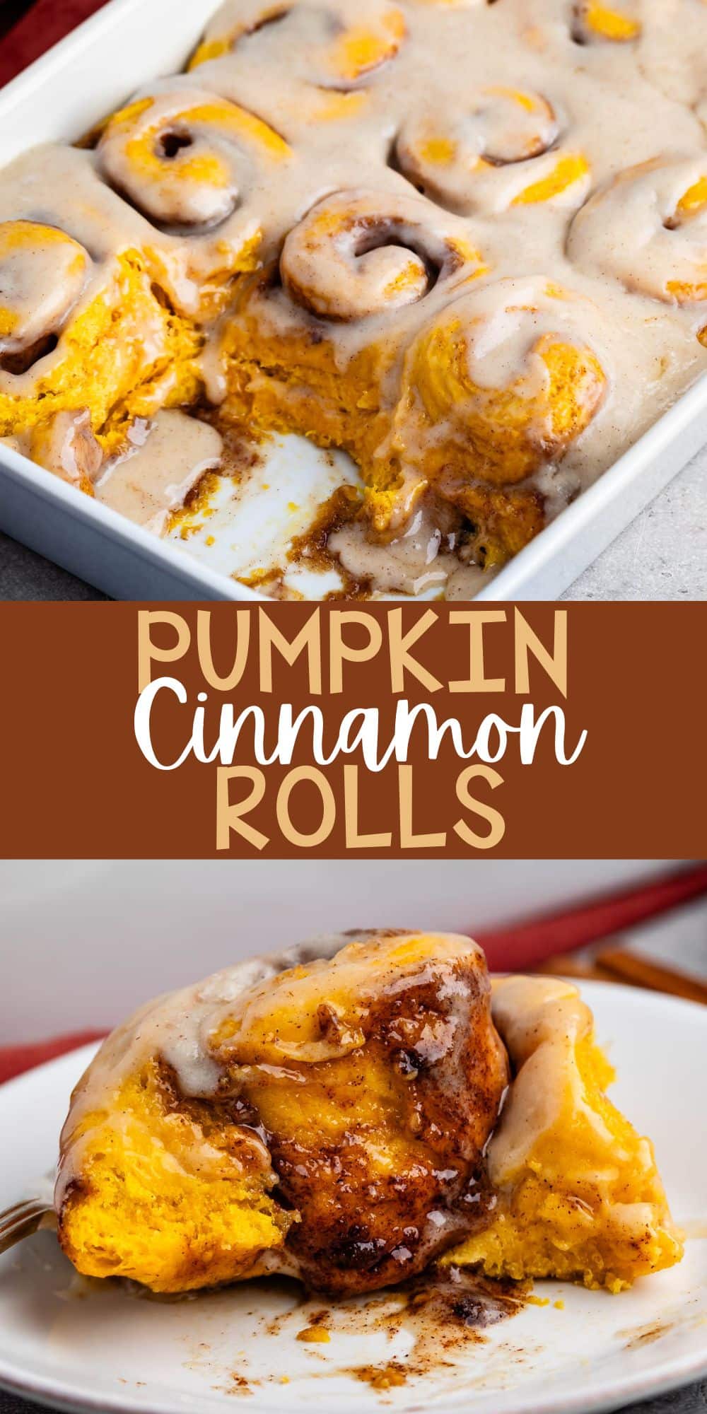 two photos of pumpkin cinnamon roll covered in glaze and cinnamon on a white pan with words on the image.