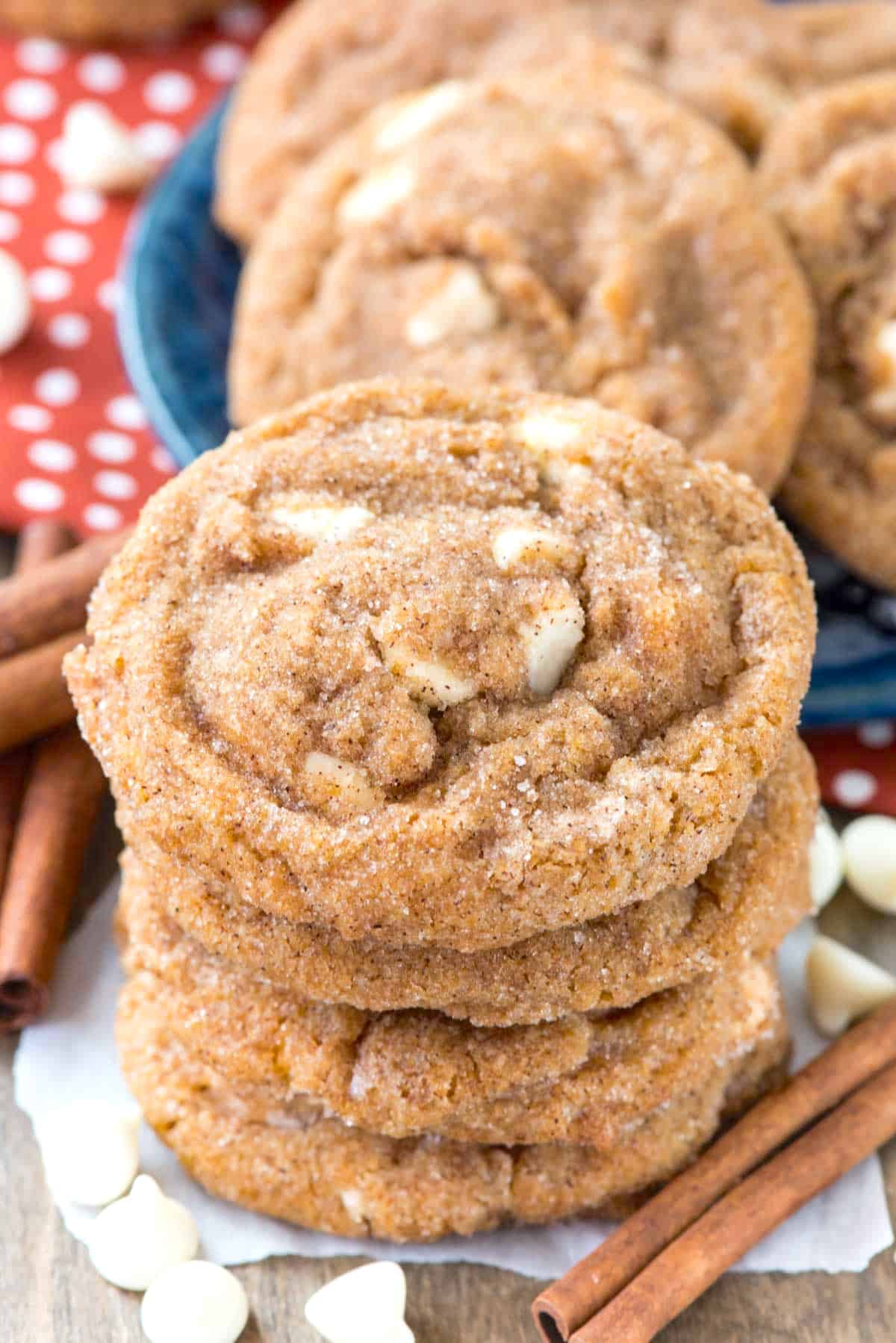 stacked cookies with white chocolate chips baked in.