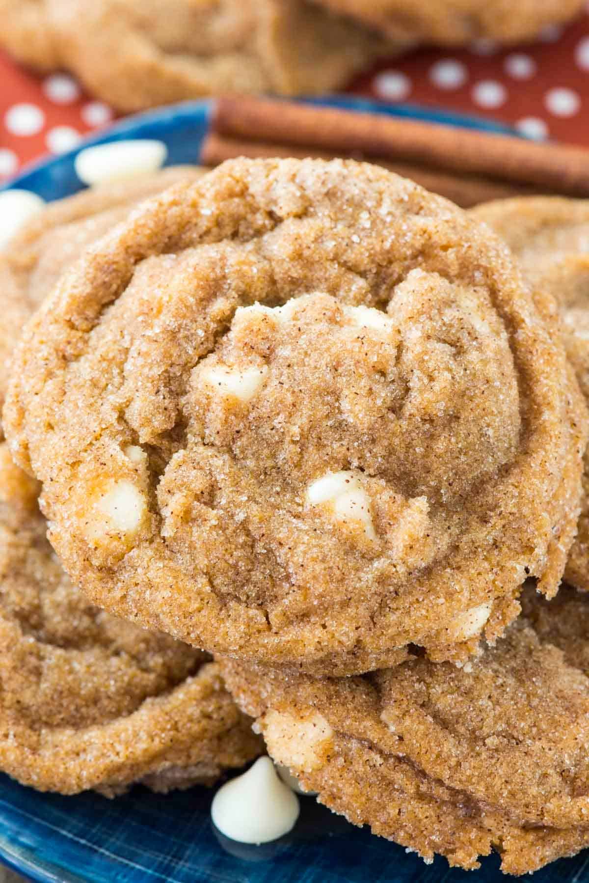 stacked cookies with white chocolate chips baked in.