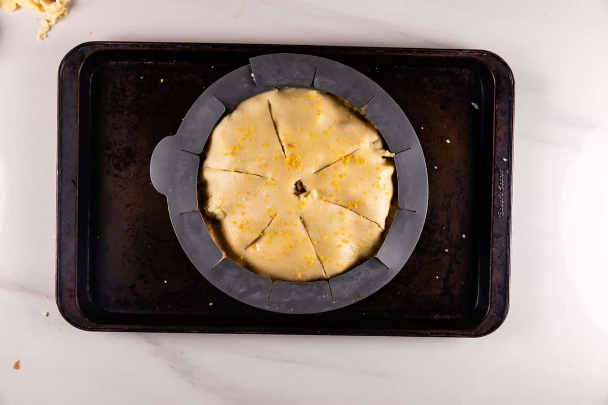 process shot of apple cranberry pie being made.