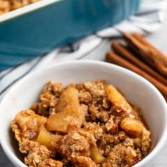 apple crisp in a white bowl.