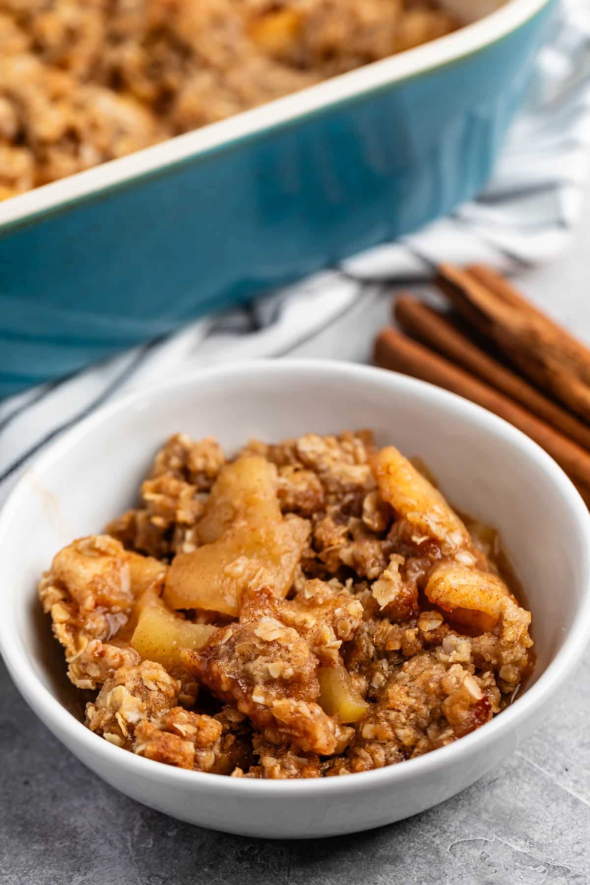 apple crisp in a white bowl.