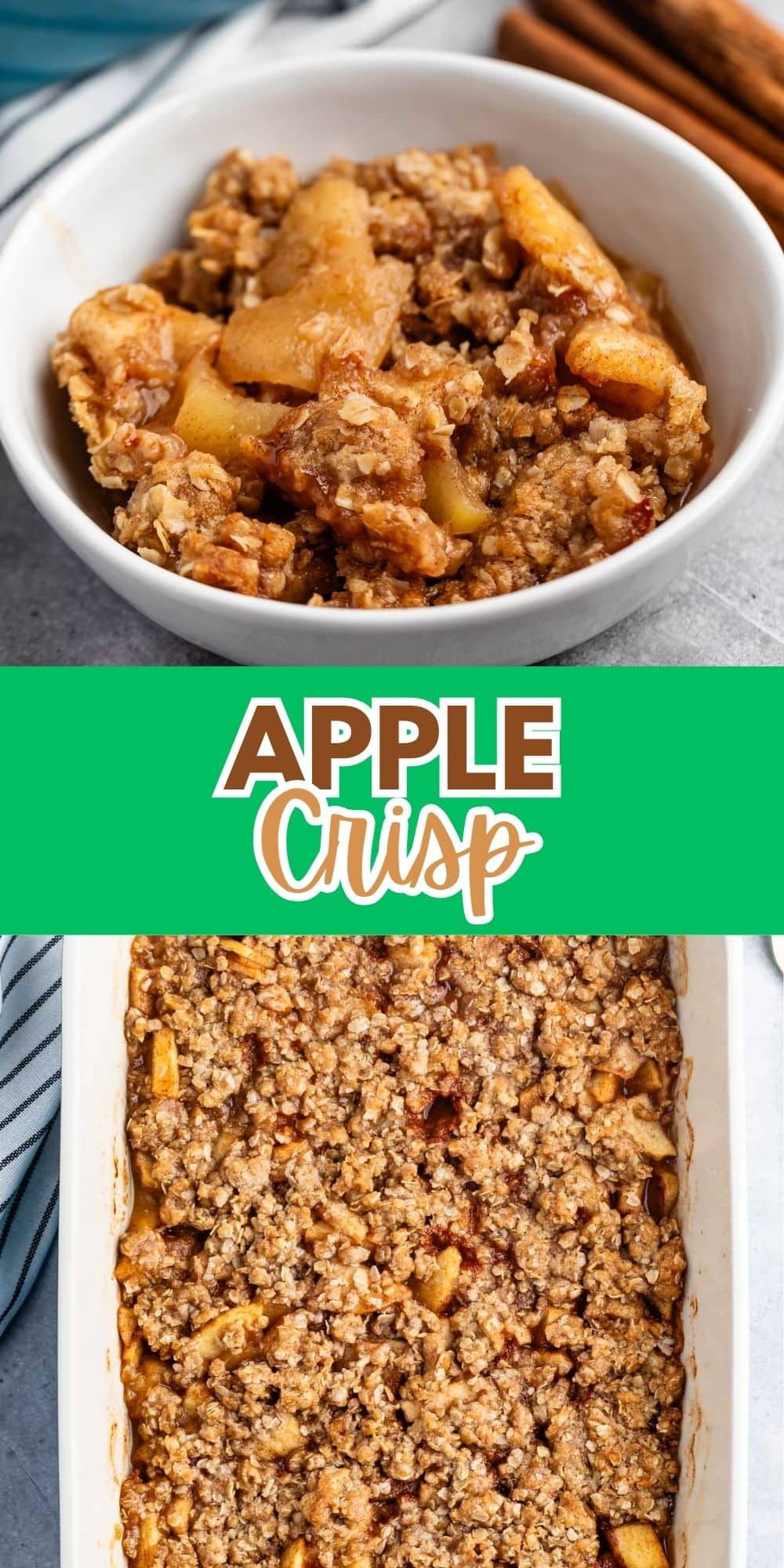 two photos of apple crisp in a white bowl with ice cream on top with words on the image.