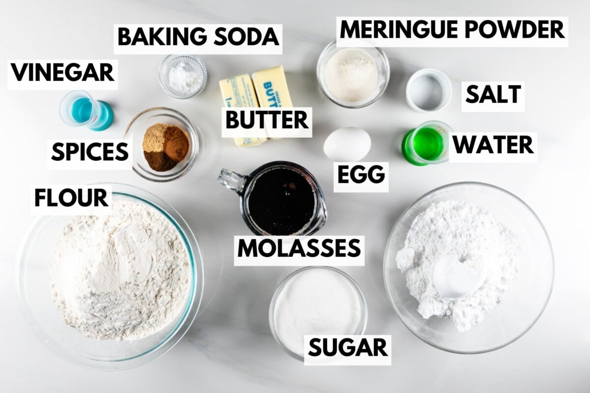 Image showing labeled baking ingredients on a white surface. Ingredients include flour, baking soda, meringue powder, vinegar, spices, butter, egg, molasses, sugar, salt, and water. Each is contained in a separate bowl or container.