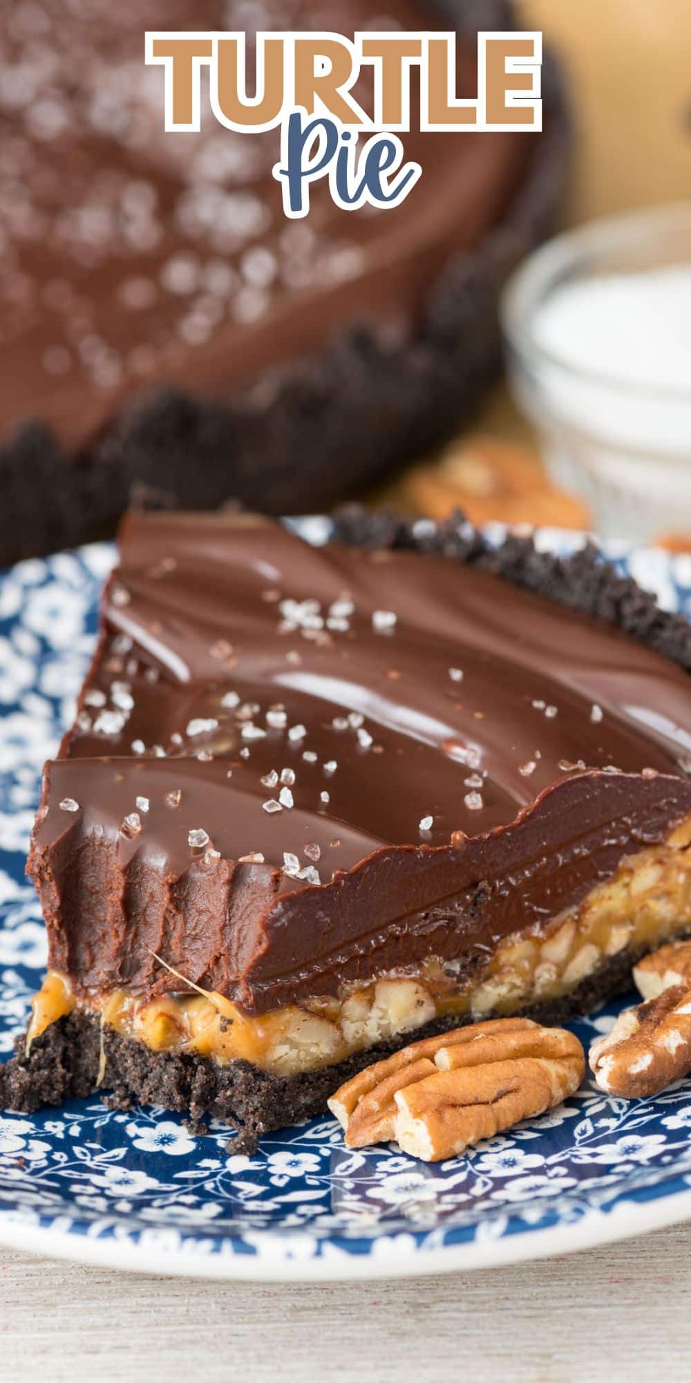 turtle pie next to pecans on a blue and white flower plate with words on the image.