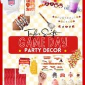 A collage of Taylor Swift-themed game day party decor. Includes banners, bracelets, cupcakes, drinks, and team-themed decorations with red and yellow colors. Signs say Touch Down! and Football Era.