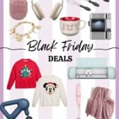 Collage of Black Friday deals against a striped background. Includes headphones, wireless speaker, whisks, a festive mug, coffee maker, charm bracelet, Christmas sweaters, crafting machine, massage gun, pink standing lamp, and a plush blanket.