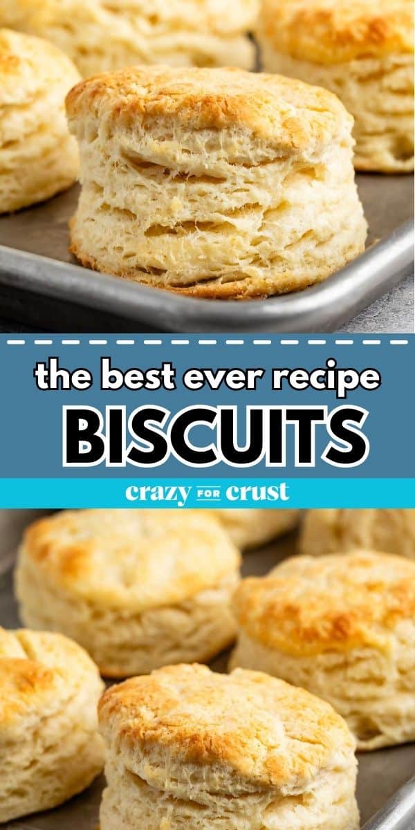 Golden, flaky biscuits on a baking sheet with text overlay: the best ever recipe BISCUITS crazy for crust.