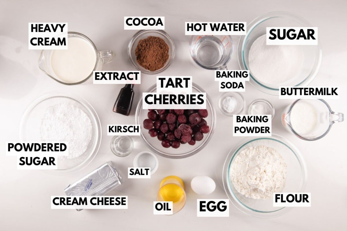 Ingredients for a recipe are laid out, including heavy cream, cocoa, hot water, sugar, powdered sugar, extract, kirsch, tart cherries, baking soda, buttermilk, baking powder, salt, cream cheese, oil, egg, and flour.