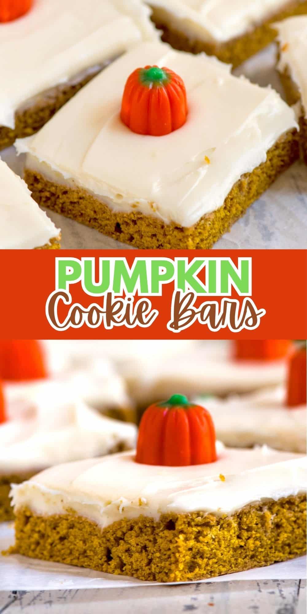 Close-up of pumpkin cookie bars with white frosting and a small orange pumpkin candy on top. The image has a text overlay that reads Pumpkin Cookie Bars in a playful font.