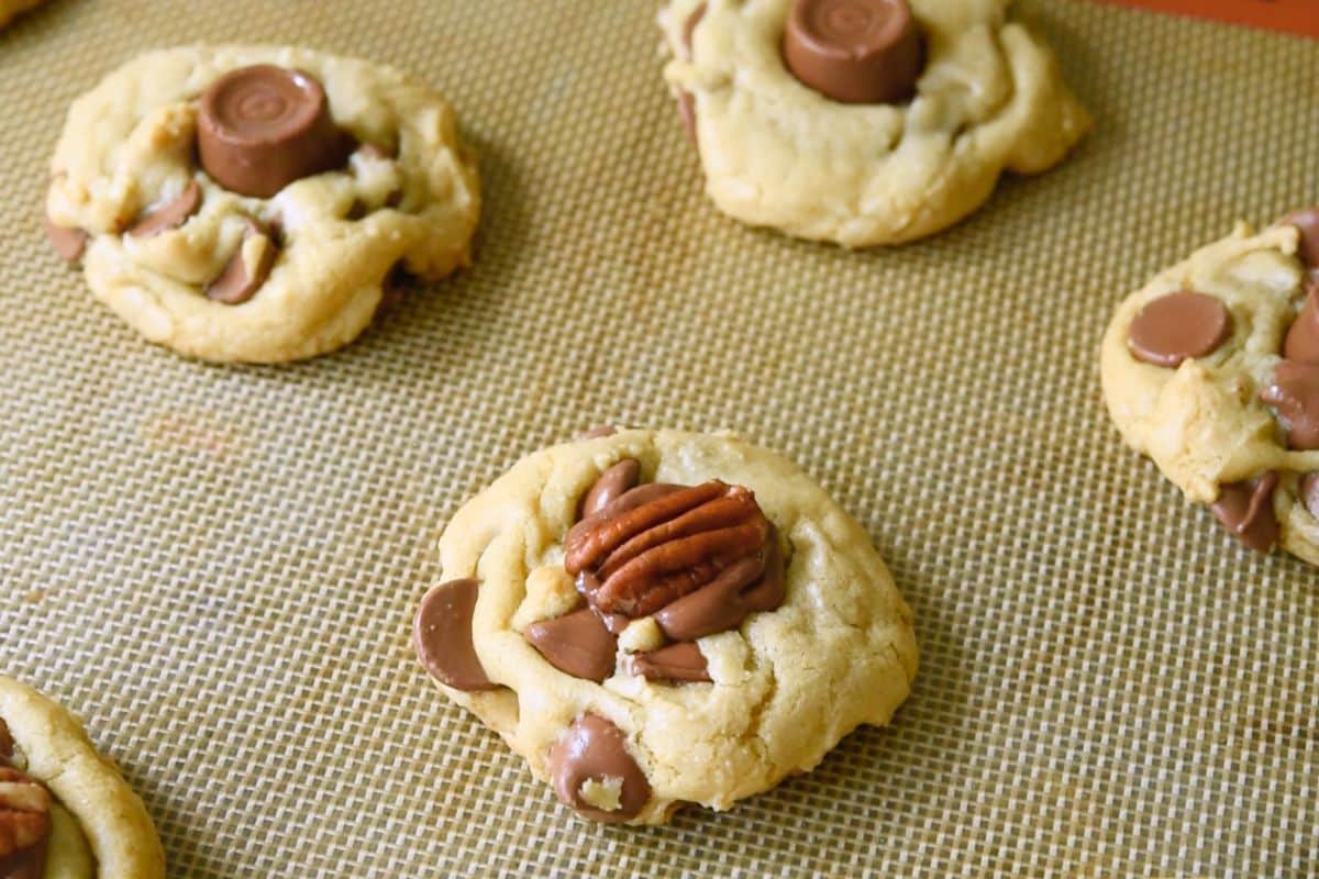 Cookies with chocolate chips and pecans on a baking mat. Some have a chocolate rosette on top.