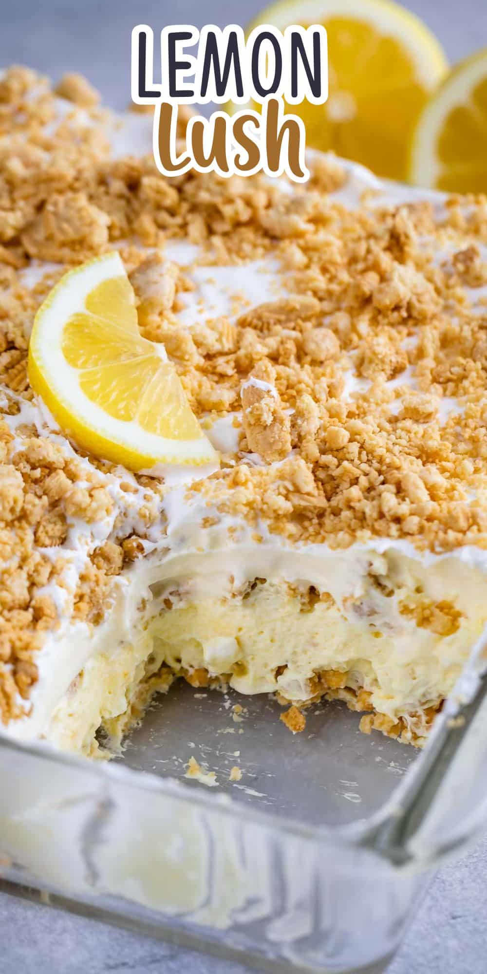 A dessert dish labeled Lemon Lush with a slice missing. It features a creamy lemon layer topped with crumbled cookie bits and garnished with a lemon wedge, displayed in a glass baking dish with two lemon halves in the background.