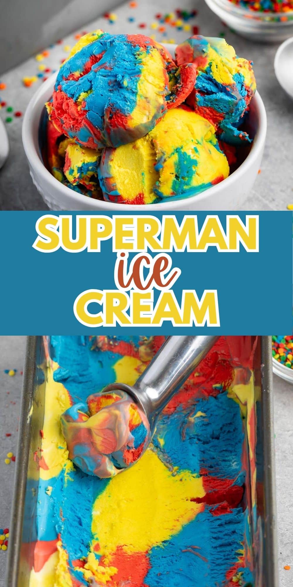 A bowl of colorful ice cream with red, blue, and yellow swirls, labeled Superman Ice Cream in bold text. An ice cream scoop rests in a metal tray with the same vibrant ice cream. Sprinkles are scattered around.