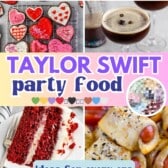 A collage of party foods inspired by different themes, including cupcakes, heart-shaped cookies, red velvet cake, pastries, and lemonade. Text reads Taylor Swift party food and ideas for every era.