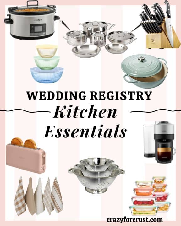 A collage of kitchen essentials for a wedding registry, featuring a slow cooker, cookware set, knife block, mixing bowls, Dutch oven, toaster, coffee maker, tea towels, colander, and glass storage containers. Text reads Wedding Registry Kitchen Essentials.