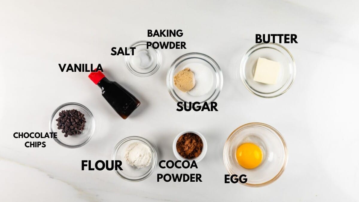 Top view of various baking ingredients in separate bowls on a white surface. Ingredients include sugar, butter, egg, cocoa powder, flour, chocolate chips, vanilla extract, baking powder, and salt, each labeled in bold black text.