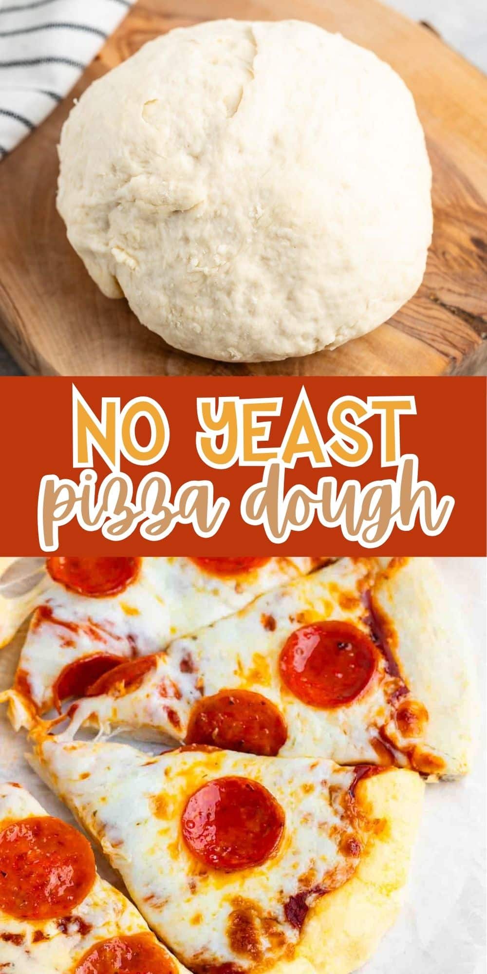 Top image: Ball of no yeast pizza dough on a wooden board. Bottom image: Slices of pepperoni pizza with melted cheese on a dough crust. Text in between reads No Yeast Pizza Dough.