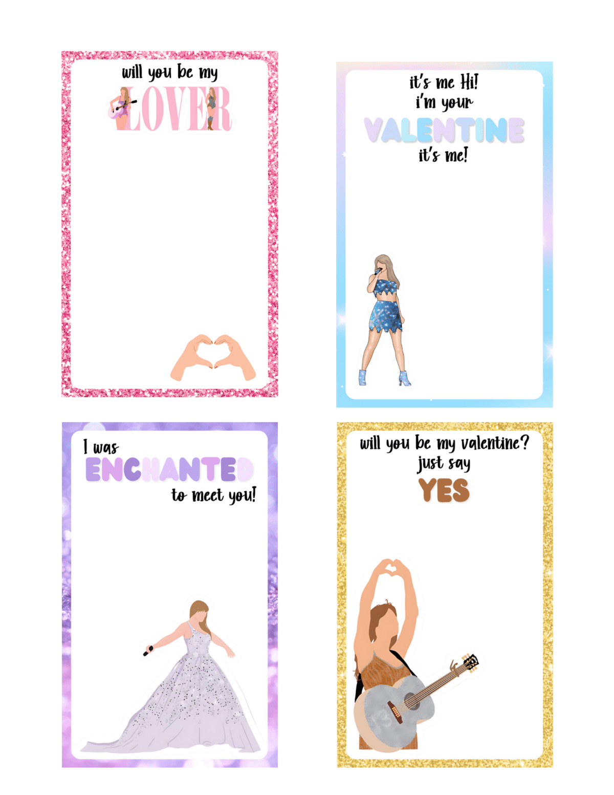 Four colorful Valentine-themed cards with silhouettes of people posing differently. Each card has a unique romantic message: Will you be my lover, Im your Valentine, I was enchanted to meet you, and Will you be my Valentine, just say yes.