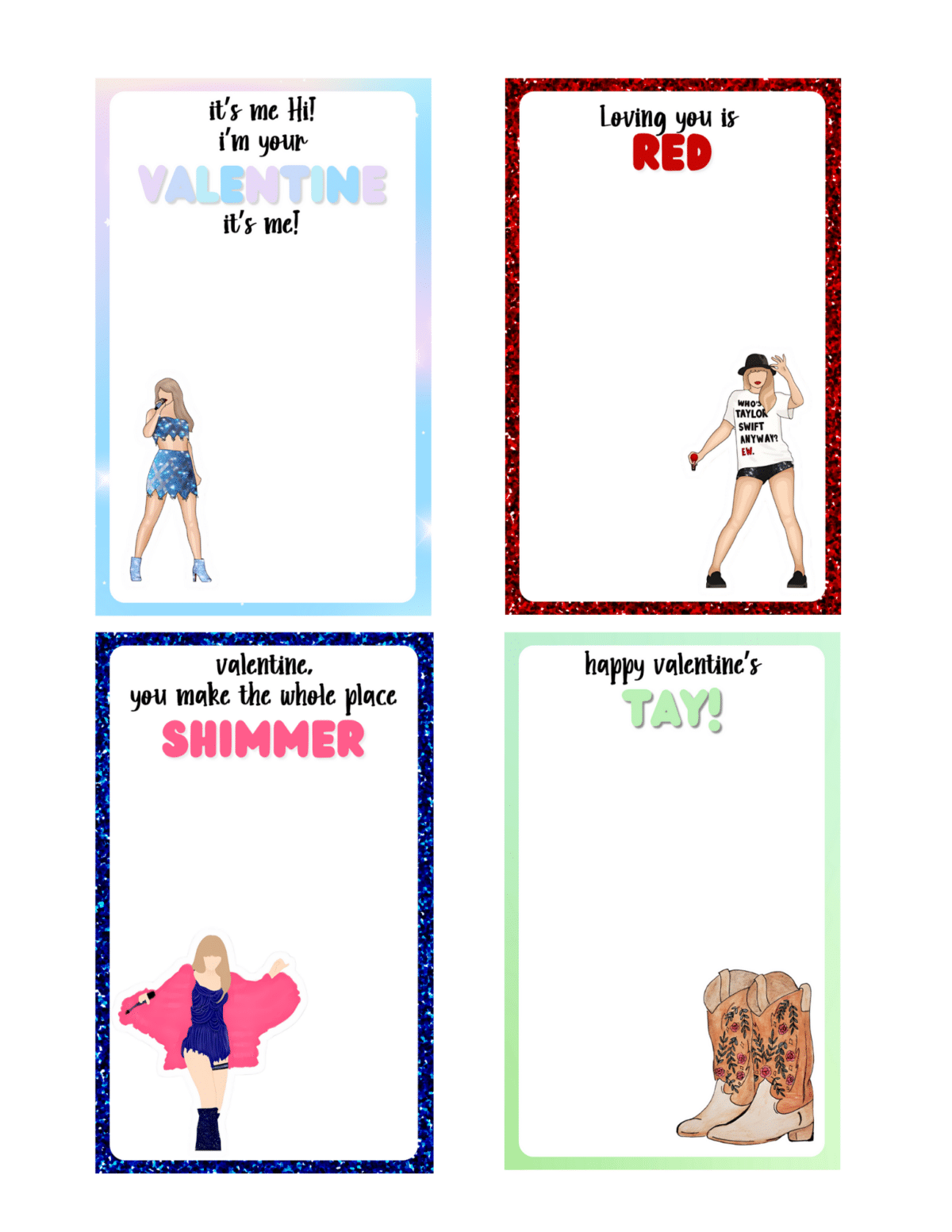 Four Valentines cards featuring cartoon drawings. Top left: person in blue outfit. Top right: person in white shirt and black skirt. Bottom left: person in pink jacket. Bottom right: illustrated cowboy boots. Various text on each card.