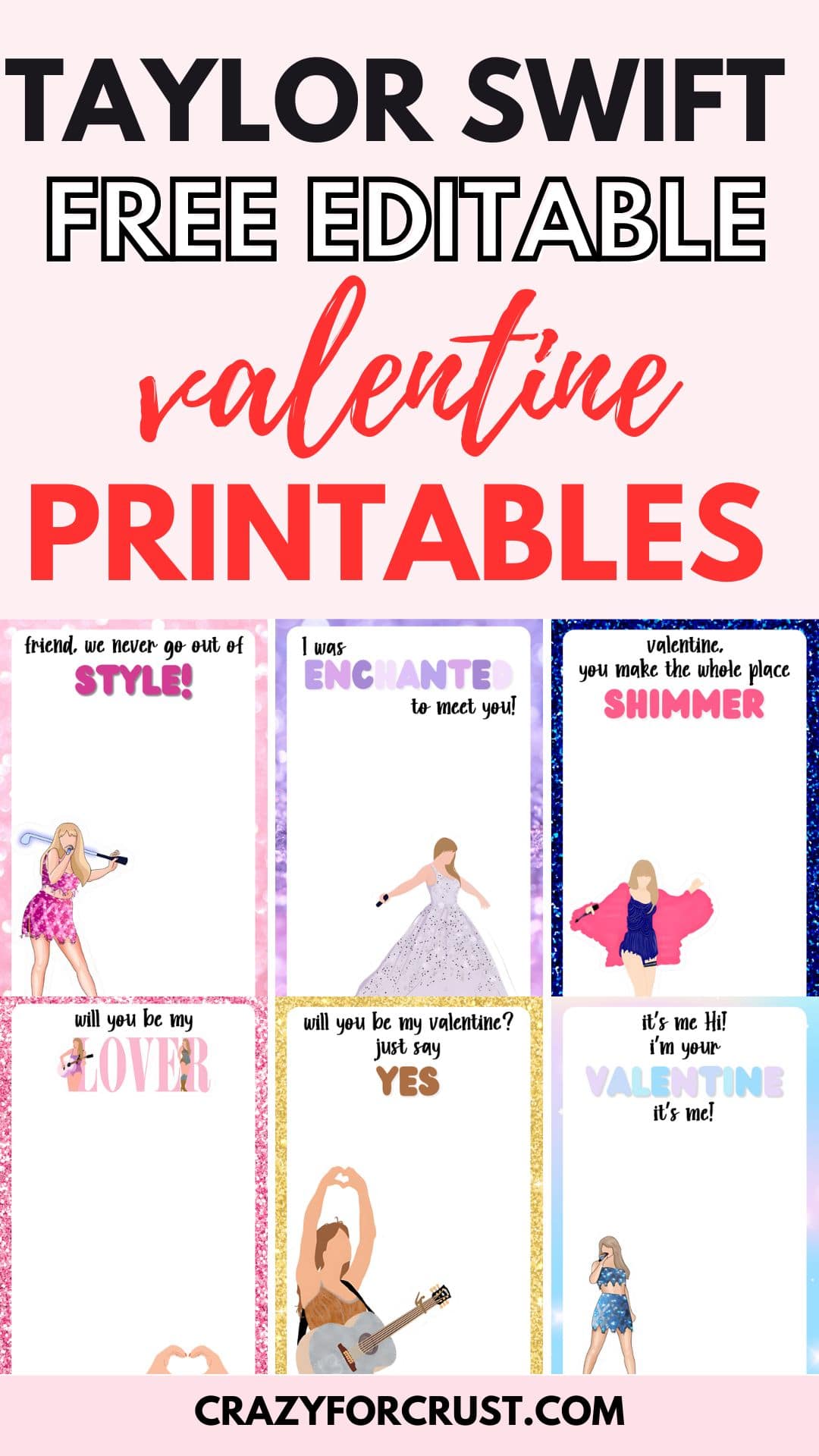 A collage of six Valentines Day cards with illustrations and Taylor Swift-themed text. Each card has a different design, featuring phrases like will you be my LOVER and be your VALENTINE. The background is colorful with glitter accents.