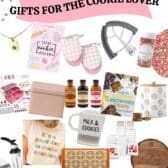 A collage of various cookie-themed gifts, including cookbooks, cookie cutters, a milk and cookies mug, pink oven mitts, baking ingredients, a cookie jar, and a mixing tool, under the title GIFTS FOR THE COOKIE LOVER.